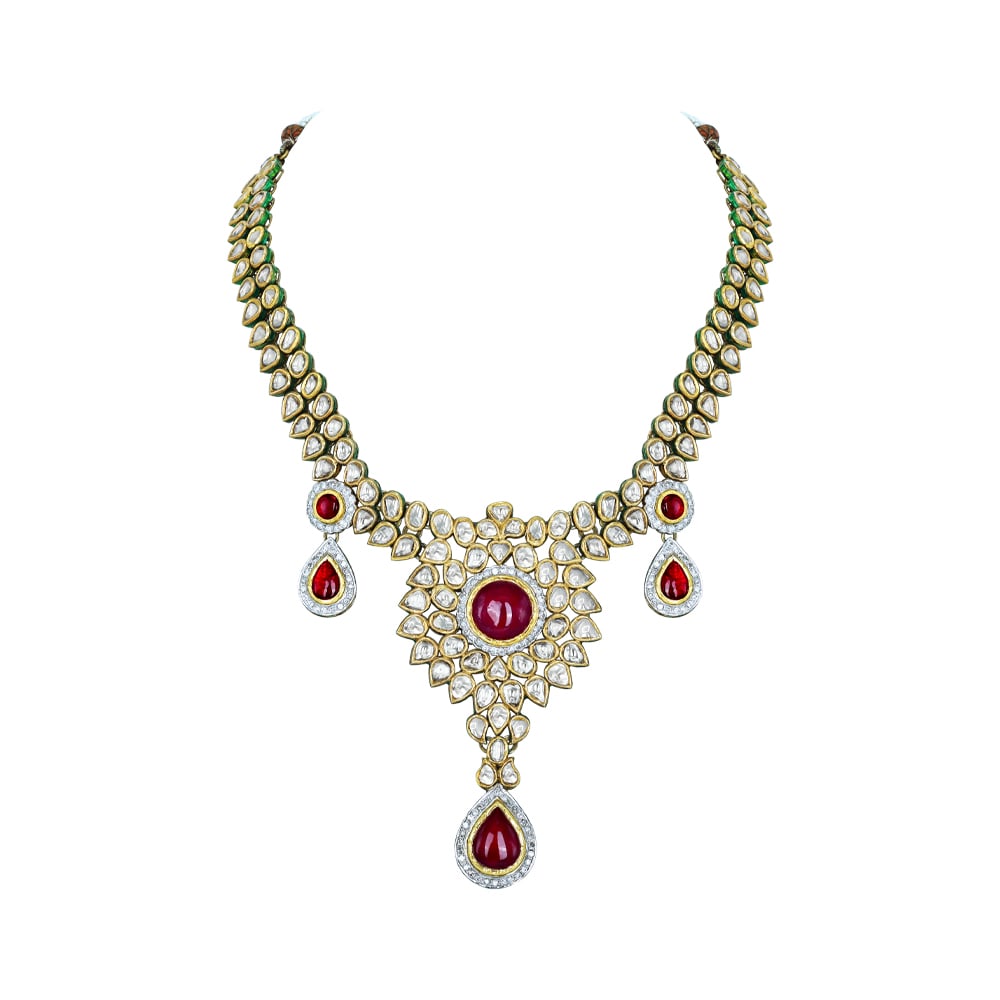 Rhodolite Cabochon Necklace with Polki Diamonds and Teardrops